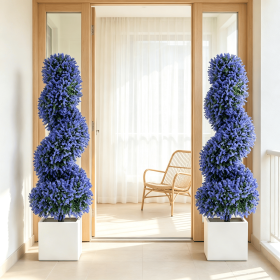 Set of 2 Artificial Spiral Topiary Trees Sun Protection with Ground Spikes Fake Evergreen Landscape Garden Decor