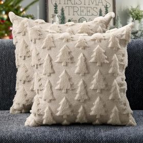 DFXSZ Christmas Tree Pillow Covers 18x18 inch Set of 2 Christmas Decoration Beige Soft Plush Faux Fur Jacquard Throw Pillows for Bedroom Sofa Hol