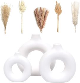 Set of 3 White Ceramic Vase with 65 PCS Dried Pampas Grass Flowers Aesthetic Boho Modern Small Round Cute Vases for Decor Living Room Coffee Tabl