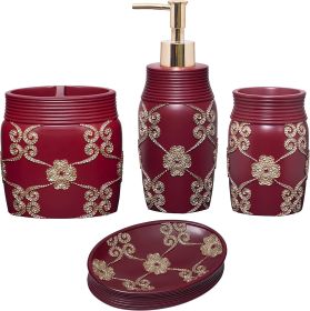 Home 4pc Elegant Rose Burgundy Bathroom Set Classic Bathroom Lotion Dispenser, Tumbler