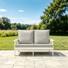 HIPS Loveseat with Cushion, Wood Grain Outdoor Garden Sofa,White/Grey