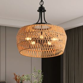 19" Boho Hemp Rope Pendant Light, Hand-Woven Jute Hanging Lamp with Adjustable Chain, Natural Rope Shade Ceiling Light Fixture for Kitchen Island