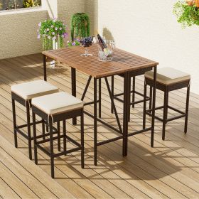 5-Piece Outdoor Acacia Wood Bar Height Table And Four Stools With Cushions, Garden PE Rattan Wicker Dining Table, Foldable Tabletop