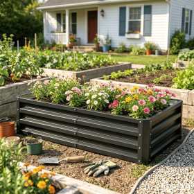 Grey galvanized metal elevated garden bed
