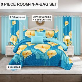 9-Piece Calla Lily Bedding & Curtain Set (Queen/King/Cal King) - Quilted Microfiber Bedspread + Sheer Curtains (Color: blue/yellow flower, size: CAL KING)