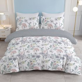 3pcs Watercolor Floral Duvet Cover Set, Soft Pastel Flower Print Bedding, Reversible Grey Geometric Design for Adults (Color: Colorful, size: TWIN)