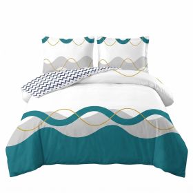 3 Piece Reversible Duvet Cover Set, Heavyweight High-GSM Microfiber Bedding with Zipper & 4 Corner Ties (Color: Modern Teal Wave & Chevron Geometric, size: California King)