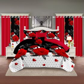 9-Piece Red Rose & Heart Bedding & Curtain Set (Queen/King/Cal King) - Quilted Microfiber Bedspread + Sheer Curtains (Color: red peony, size: QUEEN)