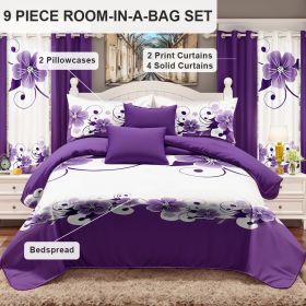 9-Piece Purple Floral Bedding & Curtain Set (Queen/King/Cal King) - Quilted Microfiber Bedspread + Sheer Curtains (Color: Purple Floral, size: QUEEN)