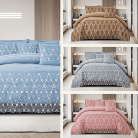 3-Piece Lace Embroidered Bedding Set (Queen/King/Cal King) - Quilted Microfiber Quilt + Pillow Shams (9 Colors) (Color: Red, size: QUEEN)