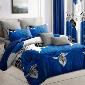 9-Piece Blue Rose Bedding & Curtain Set (Queen/King/Cal King) - Quilted Microfiber Bedspread + Sheer Curtains (Color: Blue Rose, size: CAL KING)