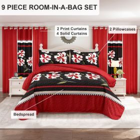 9-Piece Red & Black Floral Bedding & Curtain Set (Queen/King/Cal King) - Quilted Microfiber Bedspread + Sheer Curtains (Color: black/red flower, size: QUEEN)