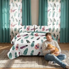 9-Piece Boho Feather Bedding & Curtain Set (Queen/King/Cal King) - Quilted Microfiber Bedspread + Sheer Curtains (Color: colorful feather, size: CAL KING)